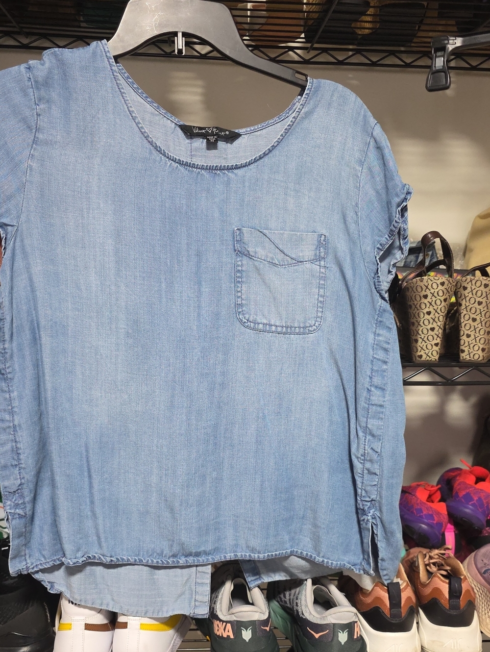 Velvet Heart Light Blue Denim-Look Short Sleeve Pocket Top